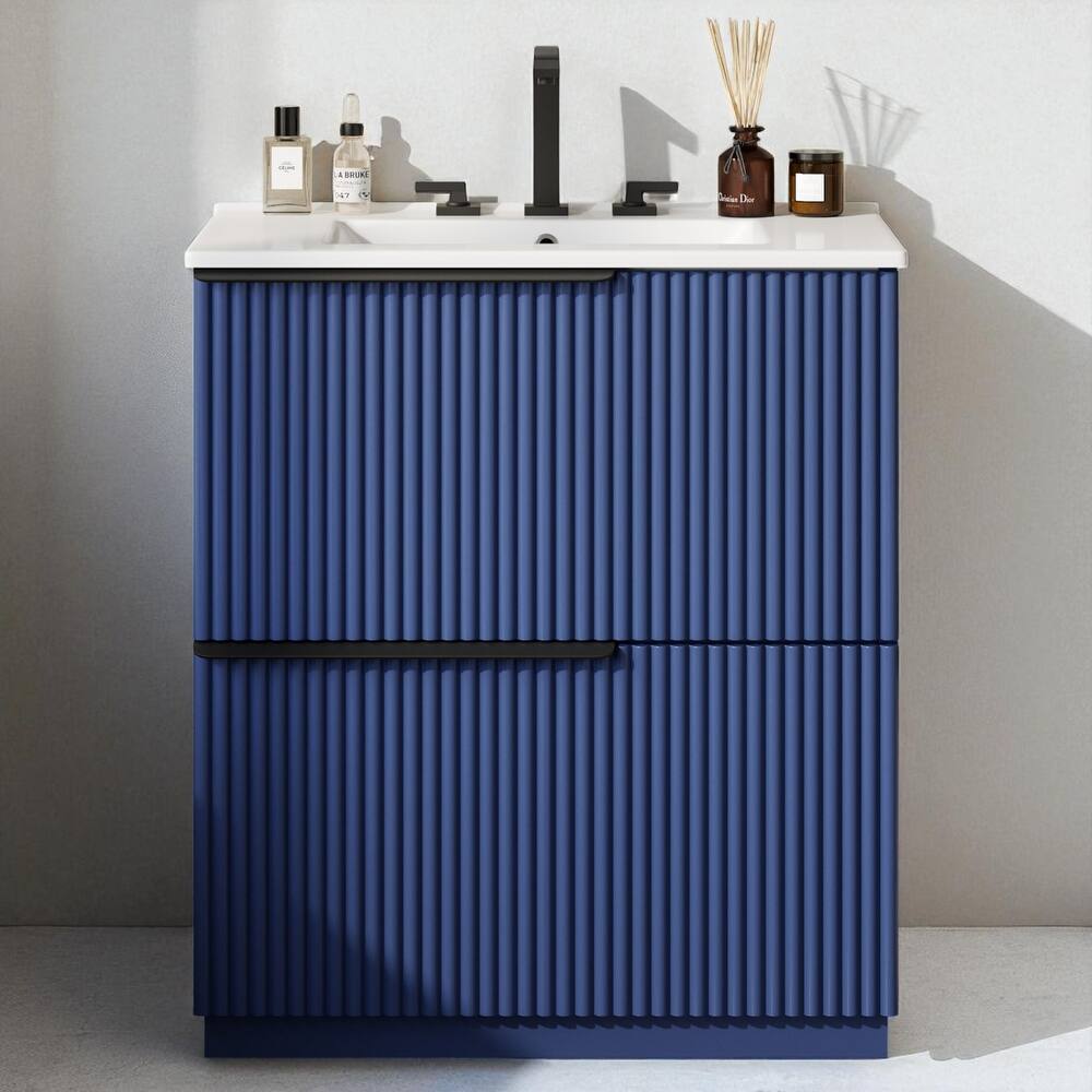 30" Bathroom Vanity with Ceramic Sink, Full-Extension Drawers, Soft Close Slides, and Fluted Design