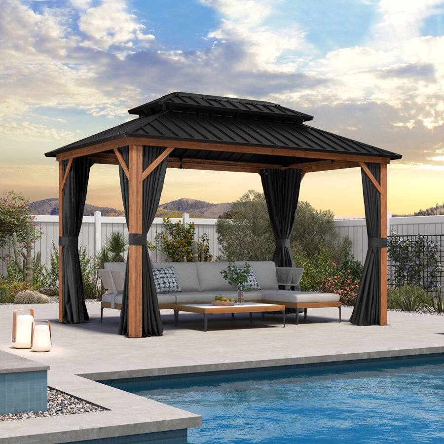 PURPLE LEAF Patio Hardtop Gazebo for Outdoor Wood Grain Aluminum Frame Galvanized Steel Double Roof and Backyard Garden