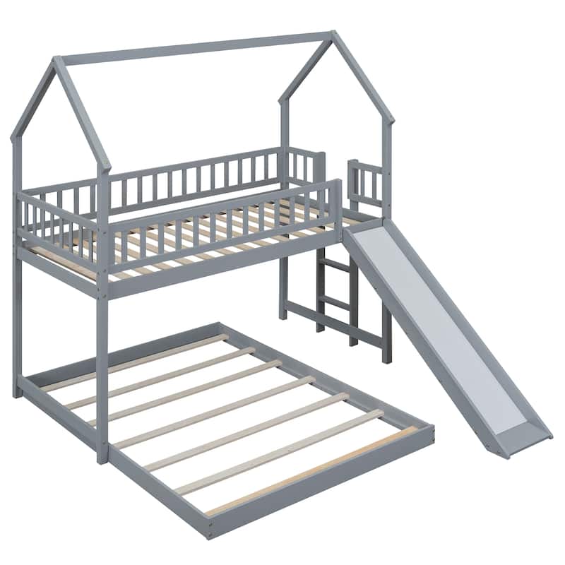 Twin Over Full Bunk Bed with Slide, Built-in Ladder, and Full-Length Guardrail, Gray