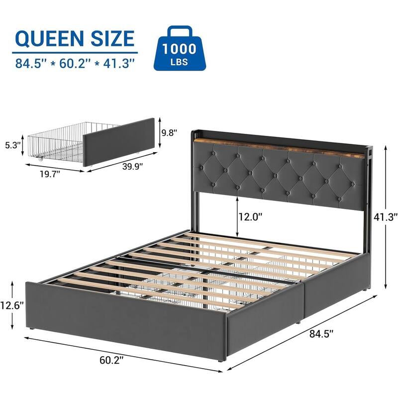 Velvet Bed Frame with Four Storage Drawers and USB Charging Station