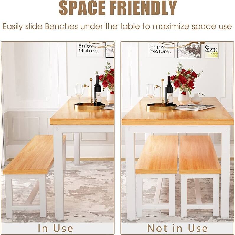 Industrial 3-Piece Dining Table Set, Retro Wood Kitchen Table Set with 2 Benches for Home Kitchen, Dining Room, Restaurant