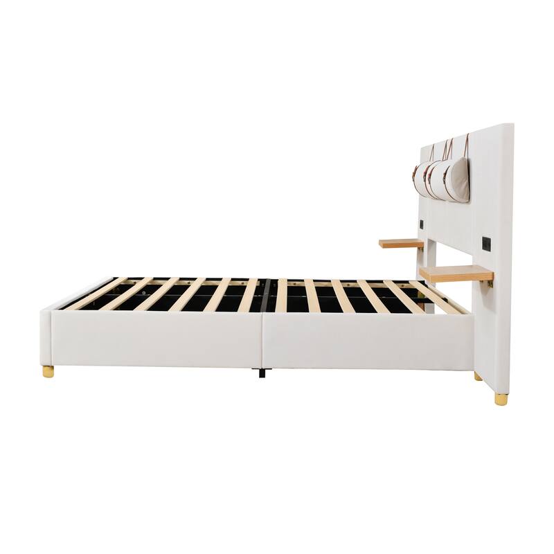Upholstered Platform Bed with Two Bedside Pillows, Two Outlets and USB Charging Ports