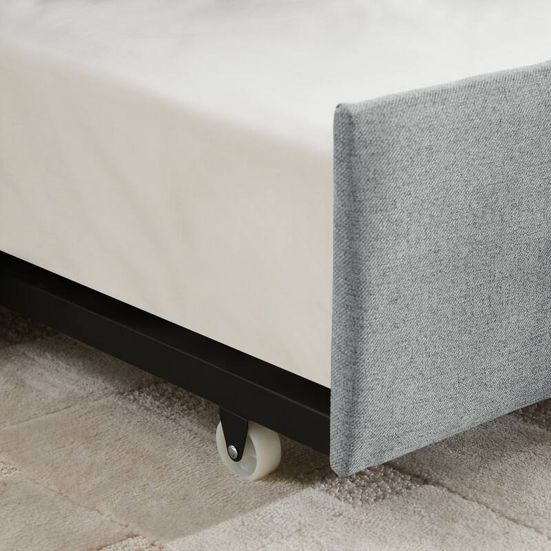 Roomfitters Twin/Full Daybed with Trundle Upholstered Sofa Bed Frame with Vertical Stripes Linen Design, Grey