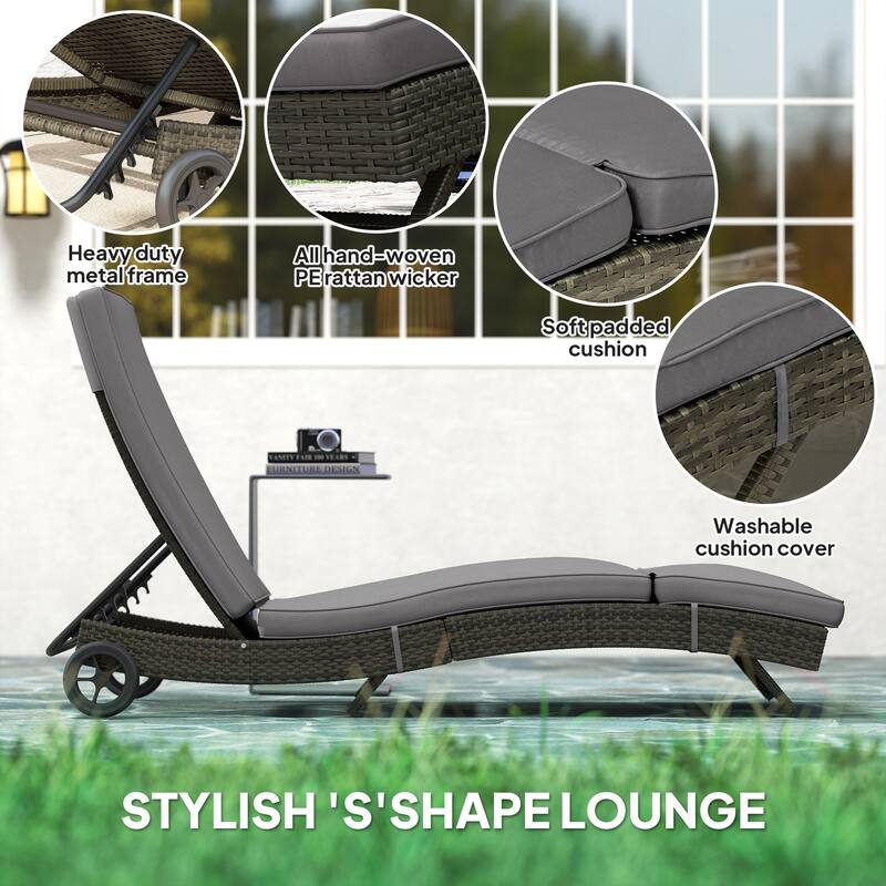 3 Piece Outdoor Rattan Chaise Lounge Chair Set with Cushions and Glass Top Side Table Adjustable Reclining