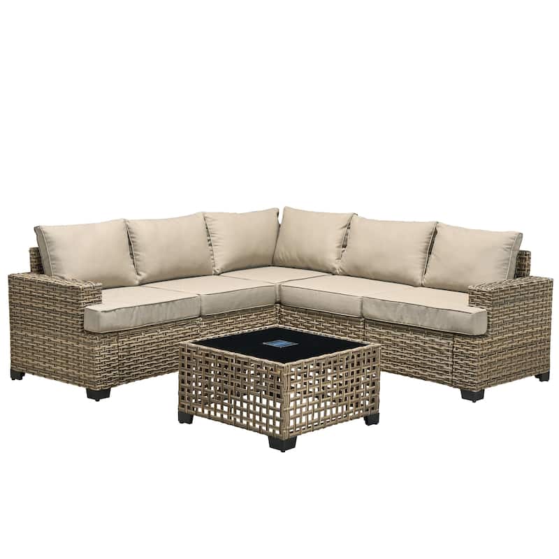 OVIOS 6 Pieces T shaped Seat Wide Armrest Set With Solar-Powered Coffee Table