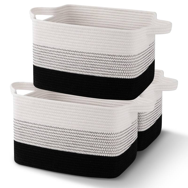Cheer Collection 3 Piece Cotton Rope Storage Basket Set for Home Organization - Black