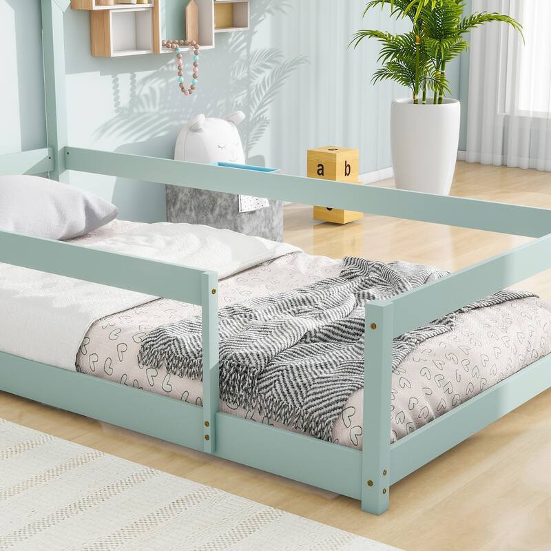 Twin Pine Floor Bed with House-shaped Headboard