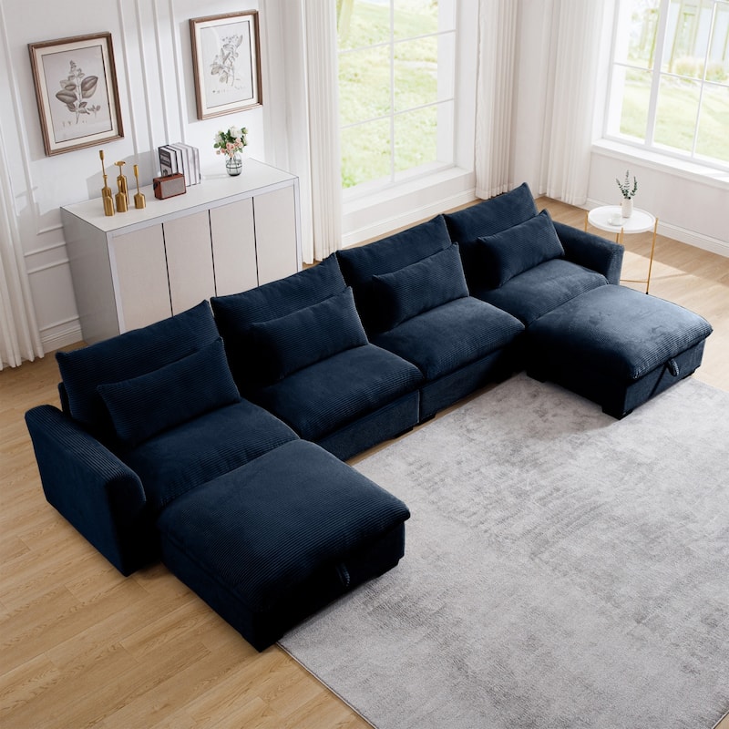 Corduroy Reversible Modular Sectional Sofa with 2 Storage Ottomans and 4 Waist Pillows