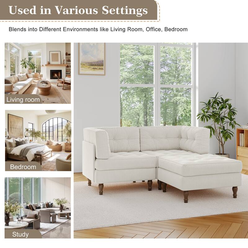 Corduroy Upholstered Modular Corner Sectional Sofa with Reversible Ottoman