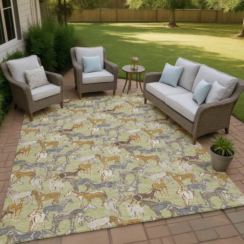 Machine Washable Indoor/ Outdoor Horse Herd Chantille Rug - Aloe - 10' x 14'