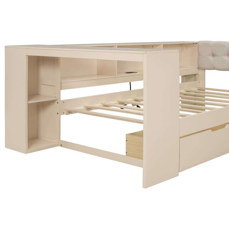 Twin Size Platform Bed with Storage, Drawers, Charging Station, and Upholstered Headboard in Cream
