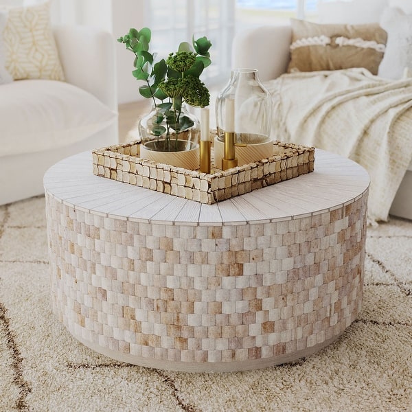 Whitewashed Round Teak Tiled Coffee Table With Hidden Storage by East