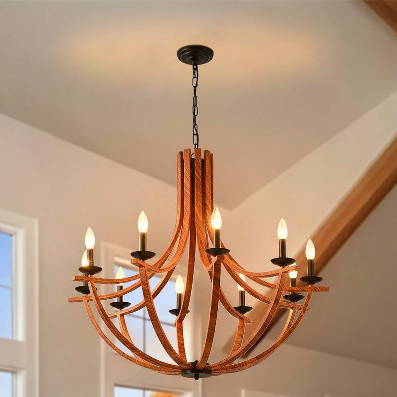 Modern Farmhouse Wood Chandeliers，Rustic Candle Chandelier - 10 Light-35.43in