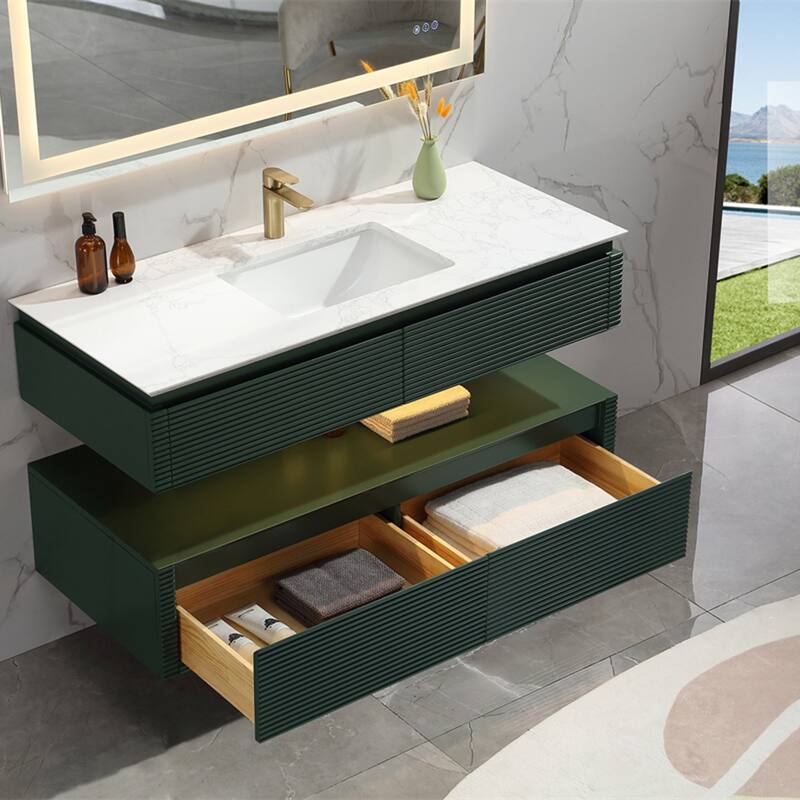 48 Inch Solid Wood Wall-Mounted Bathroom Vanity Set in Green/ White with Engineered Stone Top and Ceramic Sink