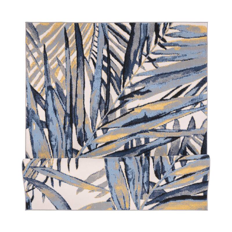Lela Collection Blue, Grey, and Ivory Tropical Leaf Polyester Rug