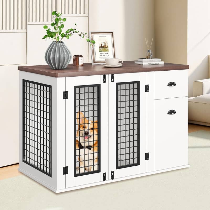 44" Heavy Duty Dog Kennel Crate Furniture with Drawer Cabinet Wooden Indoor Pet Cage Side End Table - Medium (20-50lbs)