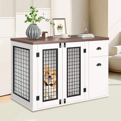 44" Heavy Duty Dog Kennel Crate Furniture with Drawer Cabinet Wooden Indoor Pet Cage Side End Table