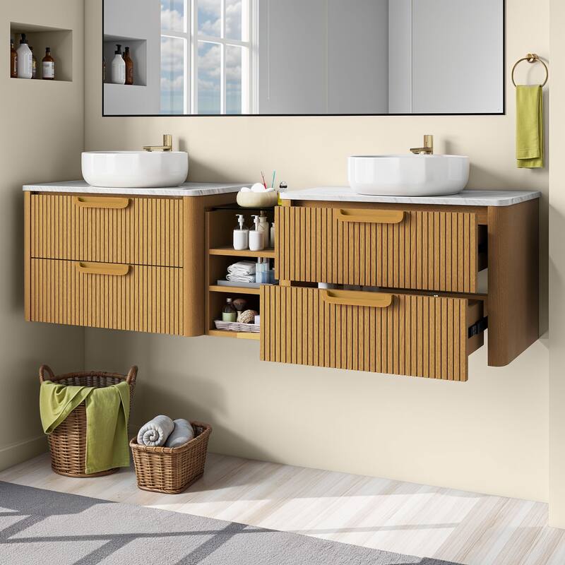 Moasis 72 Inch Floating Bathroom Vanity with 2 Faceted Ceramic Basins&4 Large Storage Drawers & 4 Open Spaces