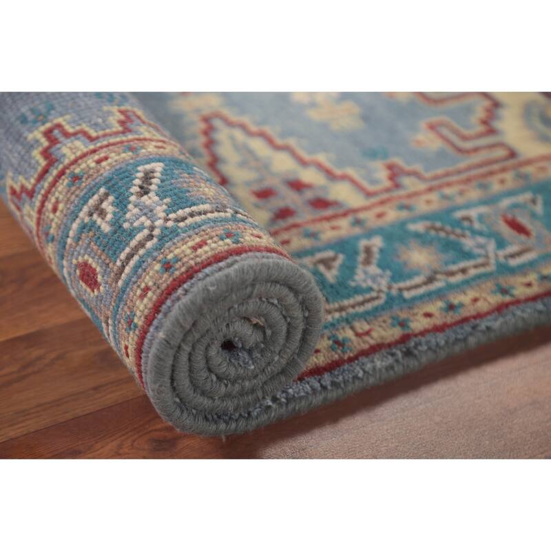 Geometric Kazak Accent Rug Handmade Blue Wool Carpet - 3'0"x 4'11"