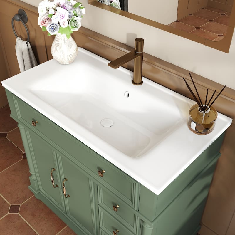 28"/36" Bathroom Vanity with Sink, Integrated Ceramic Basin Vanity Cabinet with Roman Column Base, Solid Wood Frame