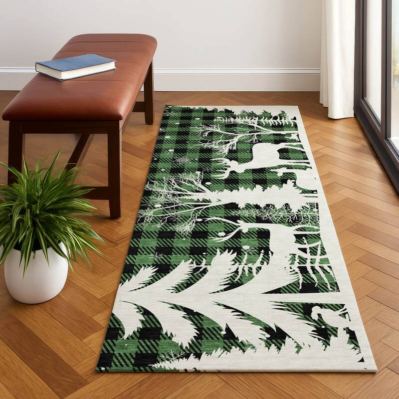Premium Washable Super Soft Winter Reindeer Tree Mayfield Rug - Green - 2'3" x 7'6"