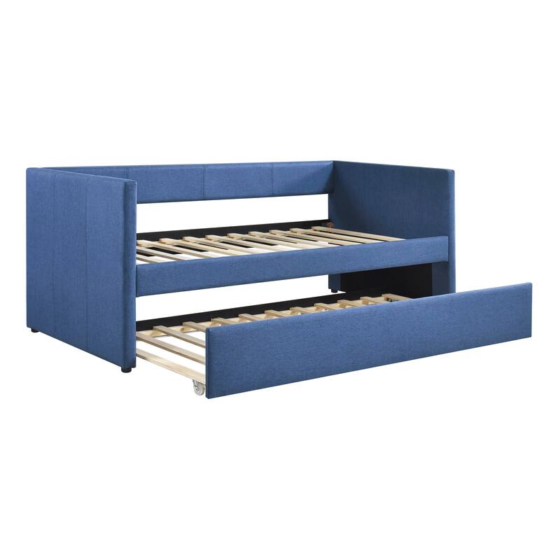 1pc Daybed with Trundle Blue Fabric Upholstery Wooden Frame Modern Home Furniture