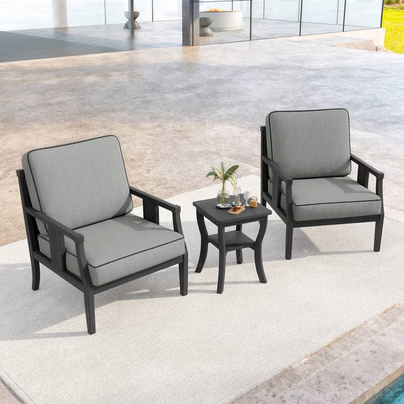 3-Piece Teak Wood Outdoor Armchair Set with Side Table, Cushions, Patio Seating Sets