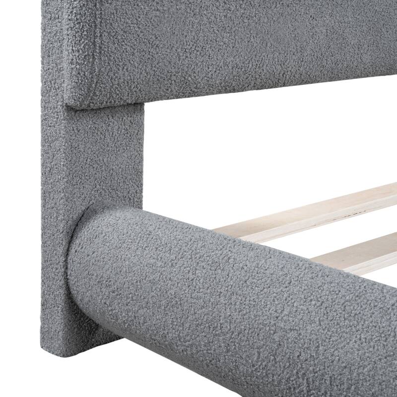 Curved Design Teddy Fleece Upholstered Platform Bed Frame, Queen, Grey