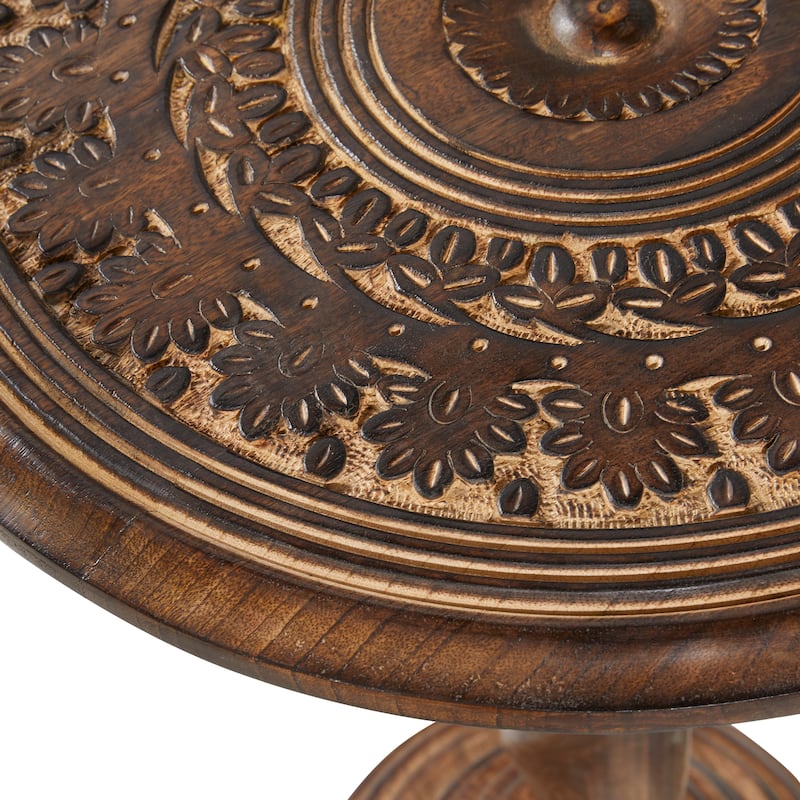 Mango Wood Floral Handmade Intricately Carved Accent Table with Spiral Leg and Elevated Base - Brown - Roche River Decor