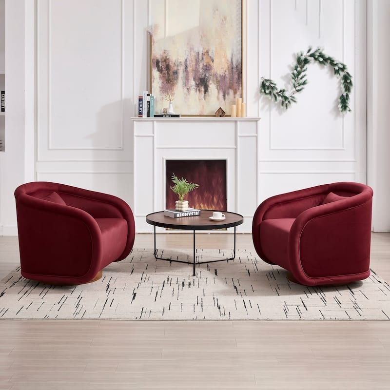 360° Swivel Upholstered Barrel Chair, Comfy Single Arm Reading Sofa, Leisure Club Chair with Cushion & Solid Wood Base