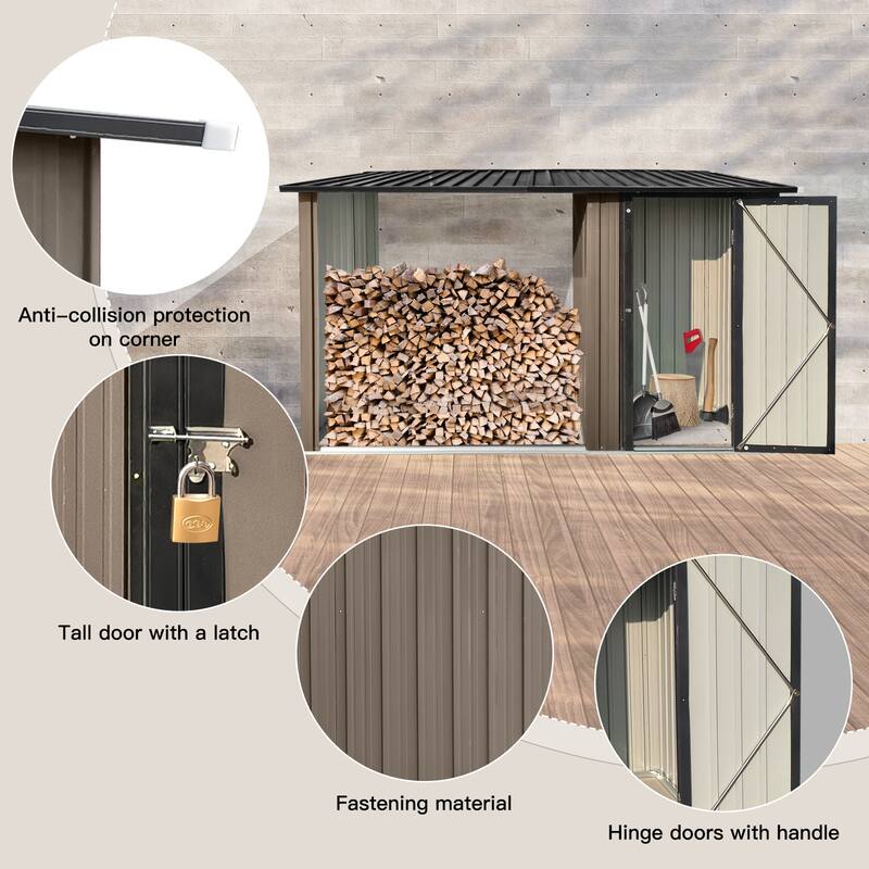 Outdoor Metal Firewood Rack And Storage Shed, Brown And Black, Two-In-One Function