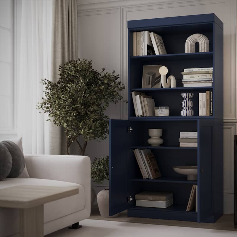 Solid Wood Tall Bookcase with Doors, Adjustable Shelves, Modular Storage, Open Display Bookshelf, 32" W x 71.5" H - Navy
