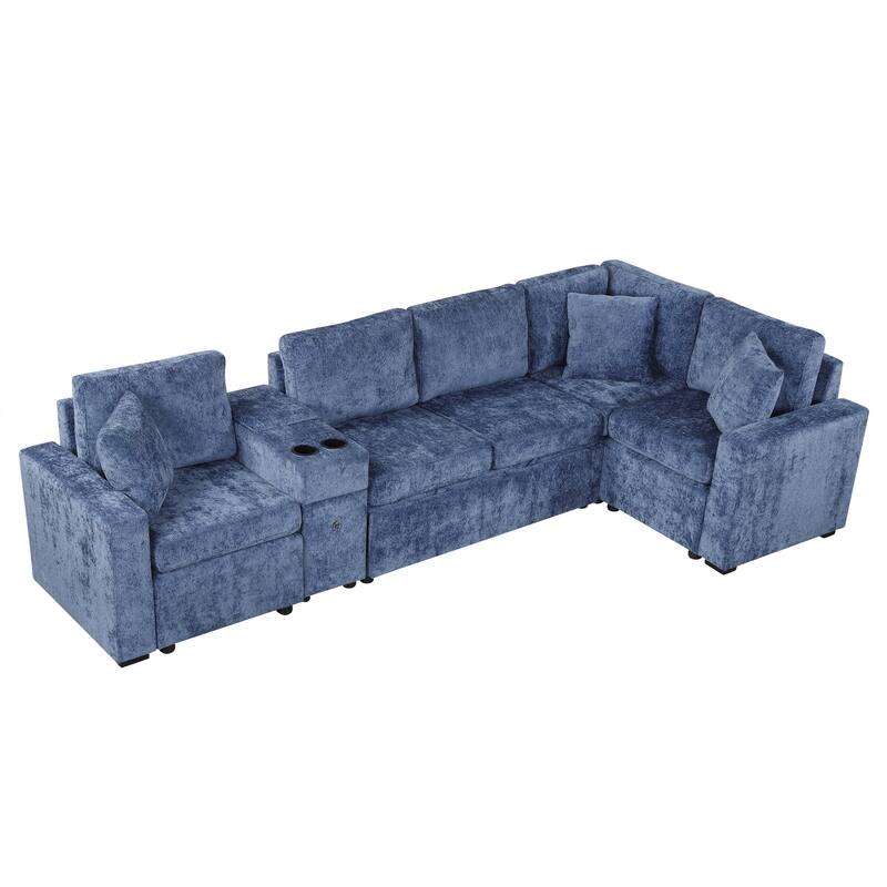 Chenille Pull Out Sectional Convertible Sleeper Sofa Modular Sectional Sofa with Pillow and 2 Cup Holders for Living Room