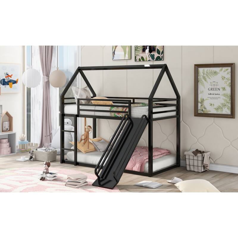 Twin Metal House Bunk Bed with Ladder, Slide, and Guardrails