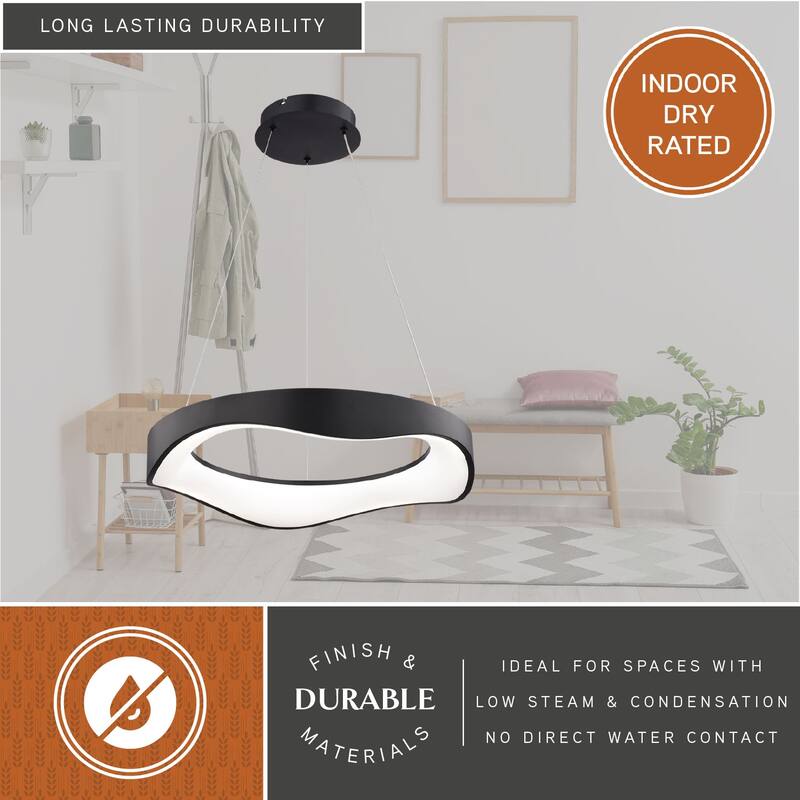 Bowen 1-Light Black Contemporary Round Chandelier, White Frosted Shade, LED Pendant Fixture Dining Table Entryway Island