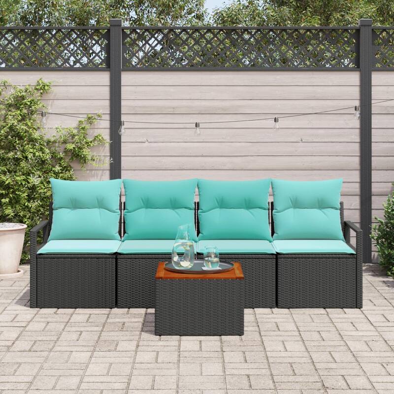vidaXL 5 Garden Sofa Set with Cushions Black/Grey Poly Rattan - 90.6 x 24.4 x 27.2 - Black
