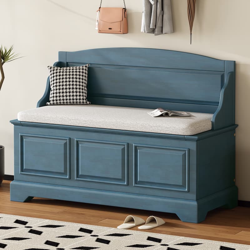 Retro Shoe Storage Bench with Safe Soft-Close Devices, Storage Chest with Hidden Storage - Antique Navy