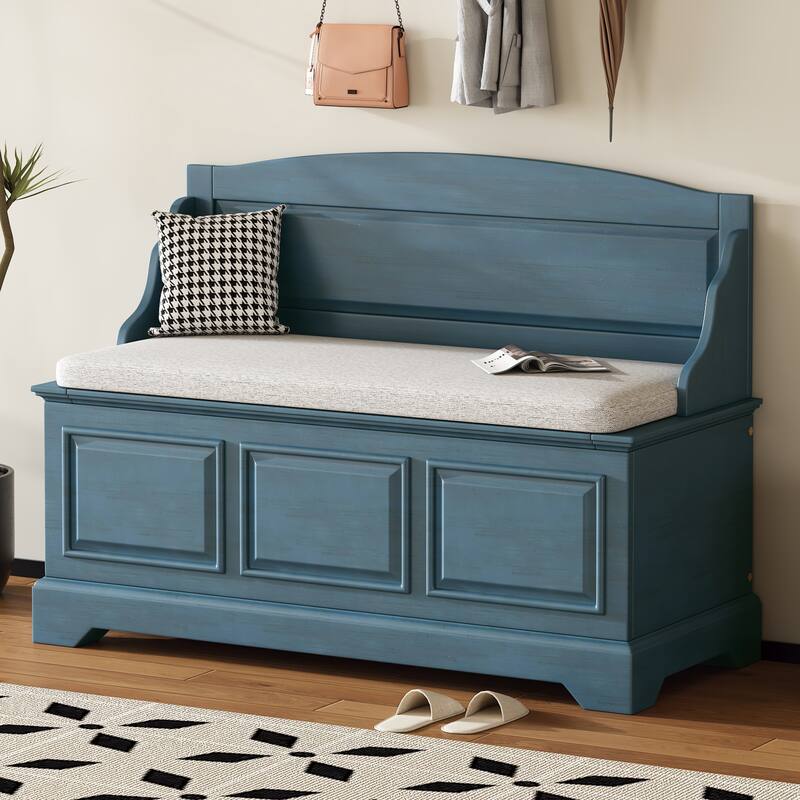 Shoe Storage Bench Wooden Entryway Bench with Linen Cushion