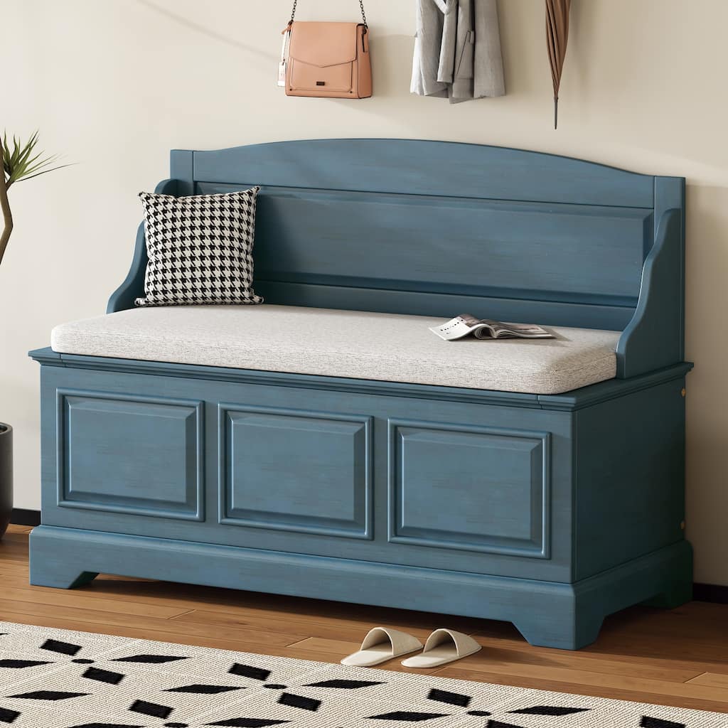 Storage Bench with Backrest, Entryway Benches with Cushion & Hidden Storage, Mudroom Bench with Soft-Close Hinged Lid