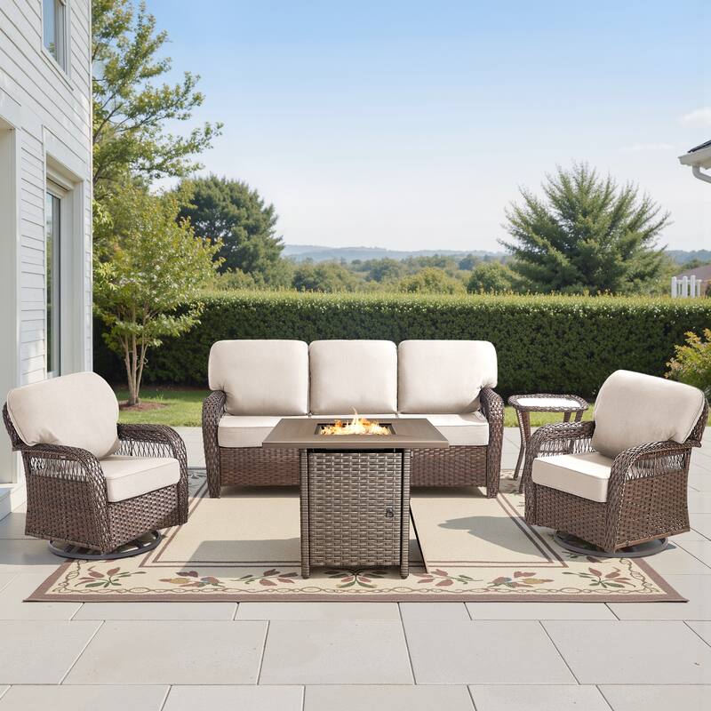 Pocassy Outdoor Sofa Ottoman Swivel Chair Table with Fire Table Set. - Brown Wicker Beige Cushion - 5-Piece Sofa Swivel Chair Table w/ Fie Pit Table
