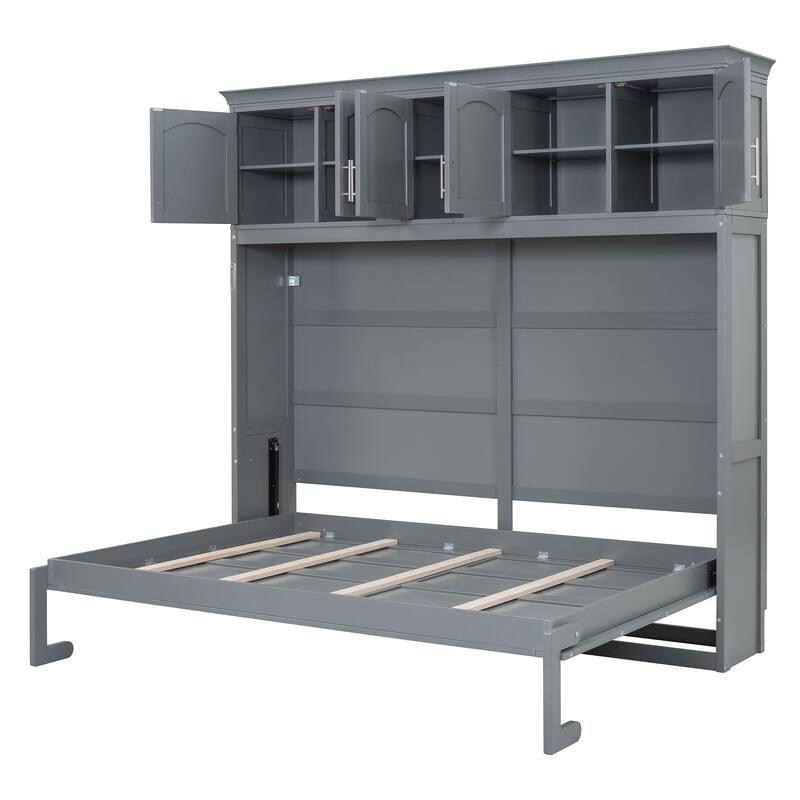 Queen Size Wall Bed with Storage Cabinets, Space-Saving Foldable Murphy Bed in Gray