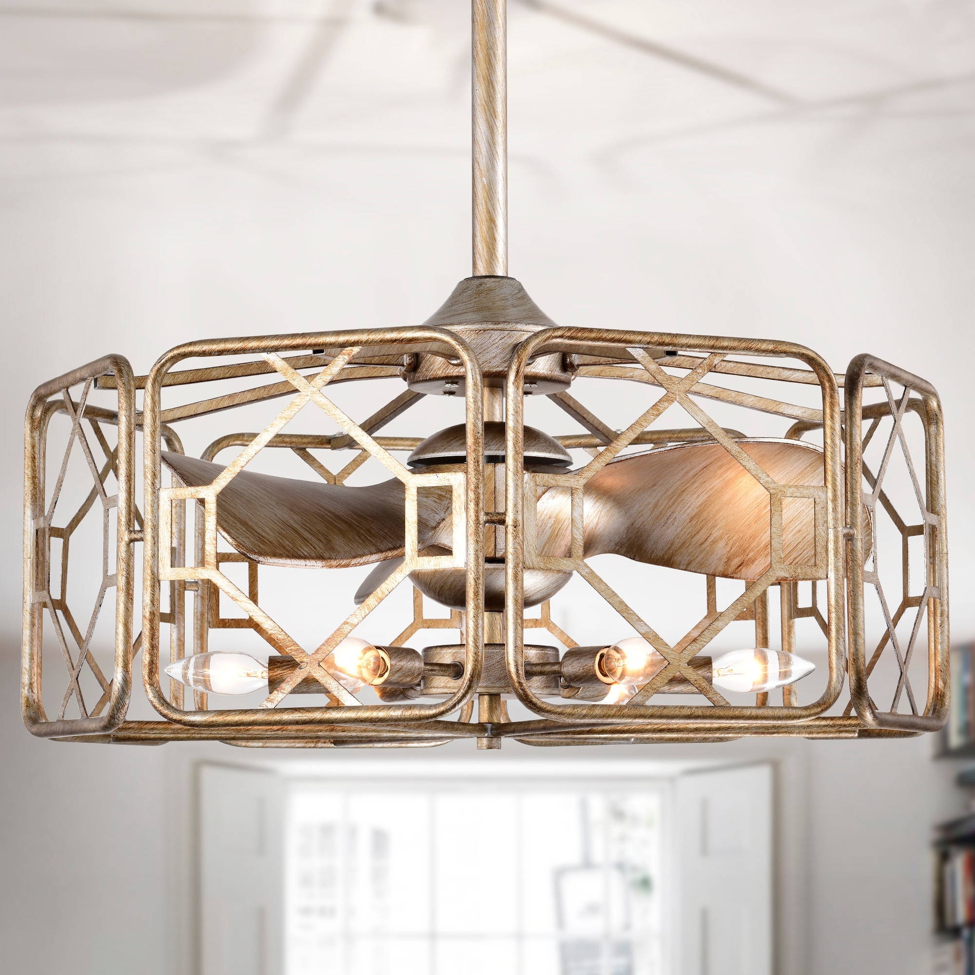 Warehouse of Tiffany Bairre Gold Brushed 6 Light 3 Blade Modern Chandelier Ceiling Fan 26 Inch with Remote