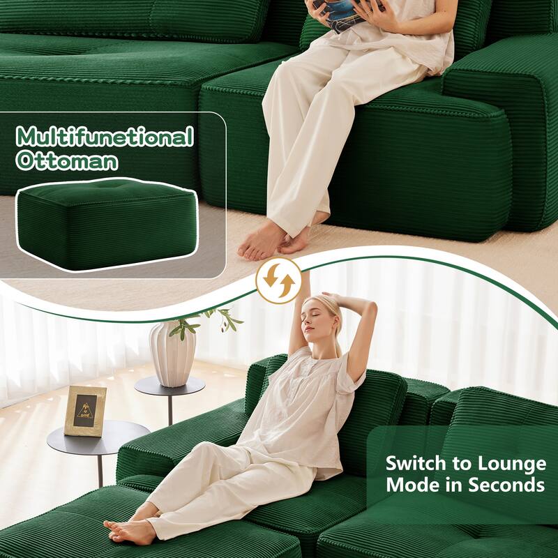 L-Shaped Modular Sectional Sofa with Movable Ottoman, Corduroy Boneless Cloud Couch, Tufted Deep Seat Sofa with 3 Pillow