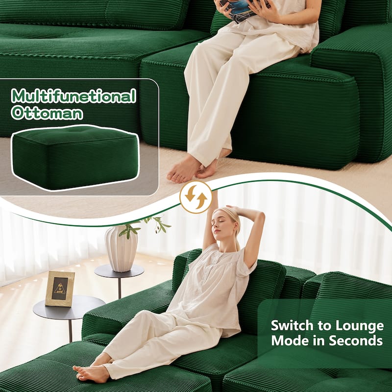 Roomfitters No Assembly Modular Sofa, 117 Inch Corduroy 3-Seater with Piping, Green