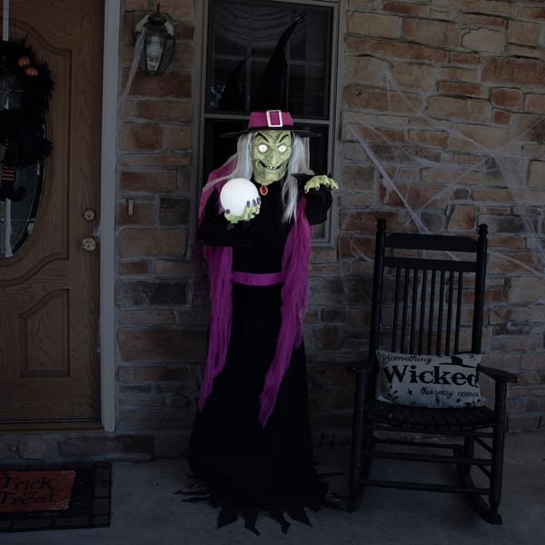 slide 2 of 14, Haunted Hill Farm 6-Ft. Tall Motion-Activated Fortune Teller Witch, Premium Talking Halloween Animatronic, Plug-In