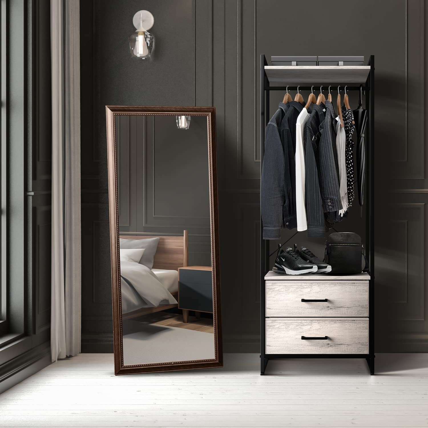 Clothing Rack with 2 Drawers - Tall Closet Stand Dresser for Bedroom
