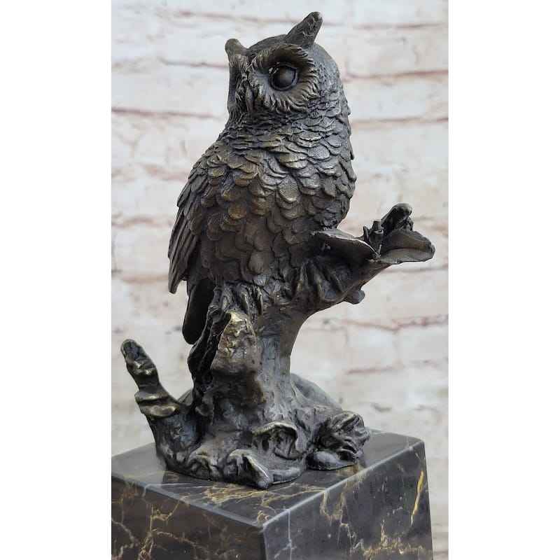 Hot Cast Bronze Metal Owl Bird On Perch Sculpture Statue Figure Marble Base Original