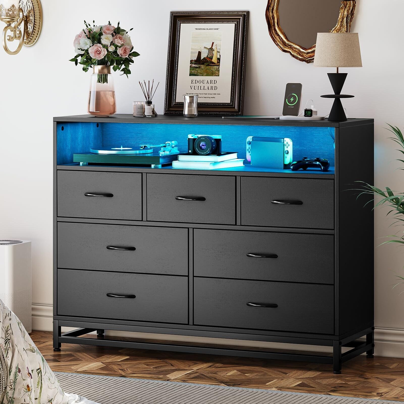 modern black tall dresser Harbor 3 Drawer with Divded Top Drawer Dresser, Blonde main image 0