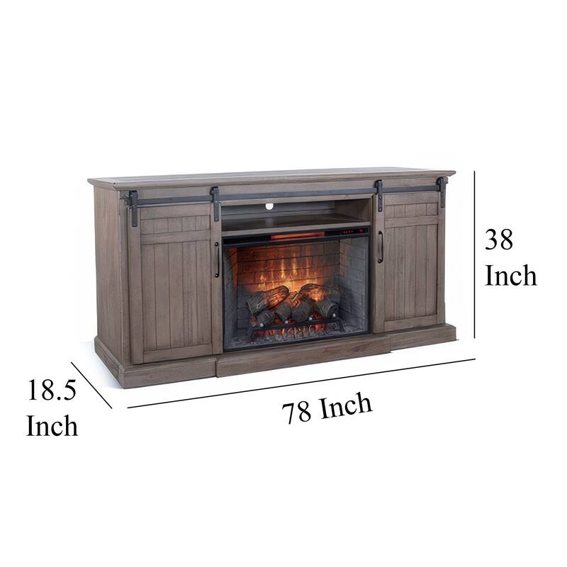 Yael TV Media Console w Fireplace Option, Barn Doors, 78 Inch Brown