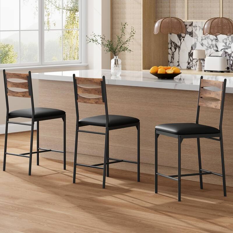 Bar Stools Set of 2 - Thick Cushioned Faux Leather Stools with Islamic Geometric Backrest, Gold Accent Footrest - Brown - 2PC